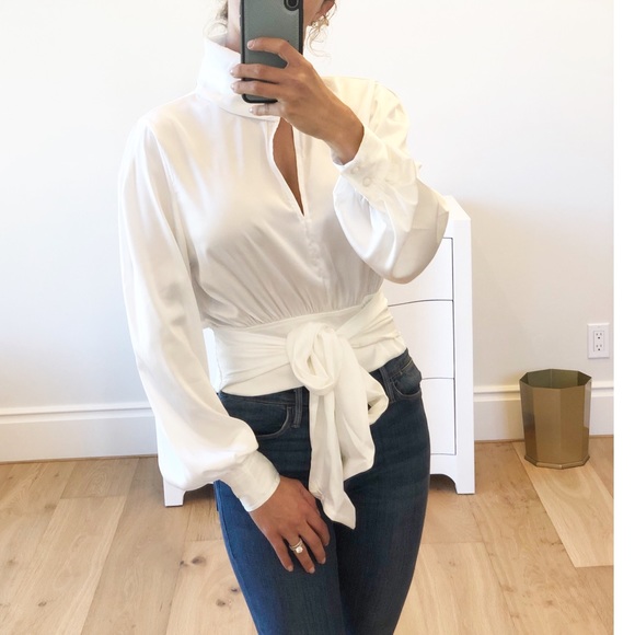 MILAN White Cropped Keyhole Mock Tie Blouse - Picture 7 of 10